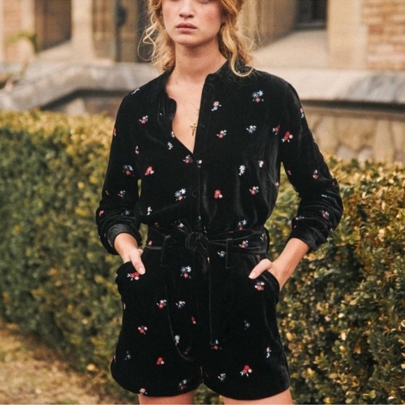 Sezane Pierre Rare Black Velvet Floral Embroidery Button Down Shirt Sz 36 US 4 - Picture 1 of 12